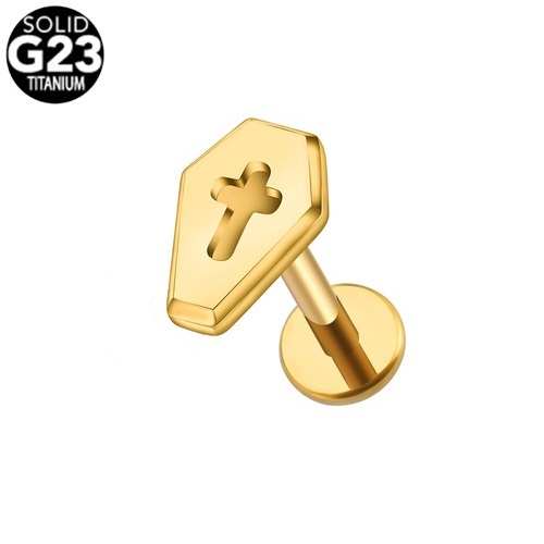 Piercing Titânio Gold Color G23 PVD Labret Rosca Interna Coffin Lid